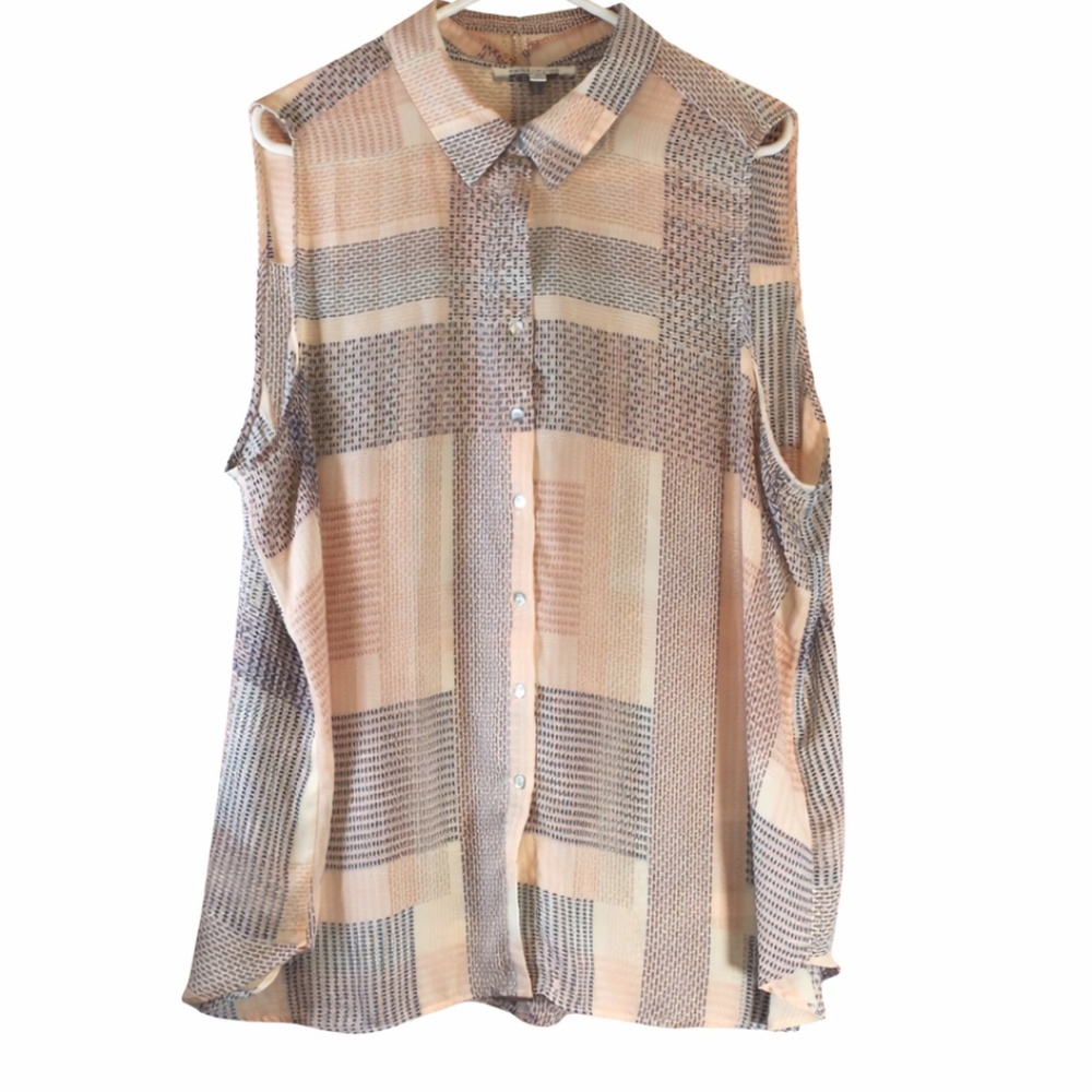 Rose+Olive sleeveless blouse 1X button up patchwork print boho flowy peasant